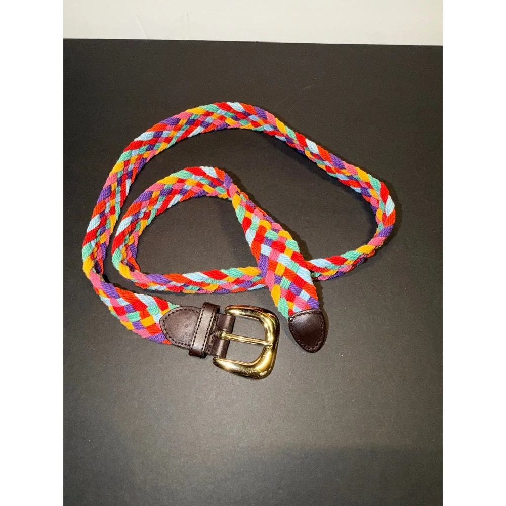 Rainbow Braided Woven Belt Gold Buckle Multi Color Size Large 1 Inch Wide